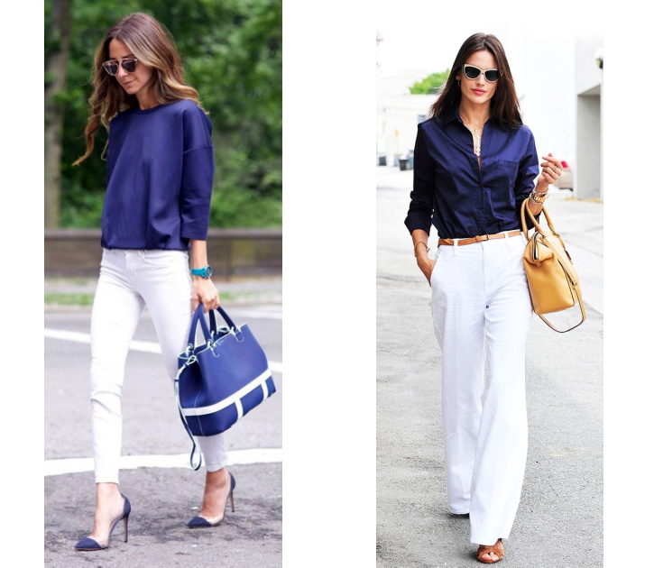 Белые брюки и синяя блузка